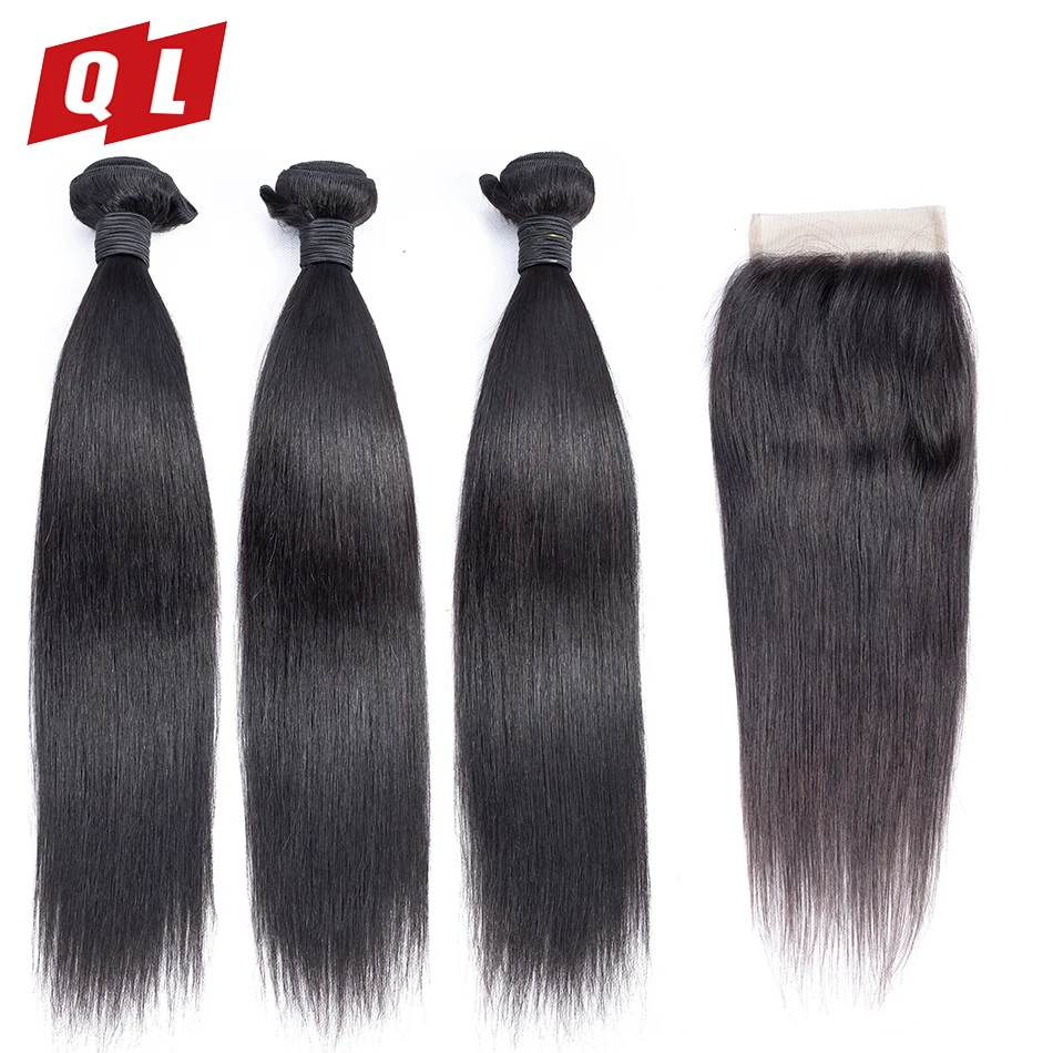 QLOVE волосы бразильские прямые 3 пучка с 4*4 Кружева Закрытие remy 100% человеческие