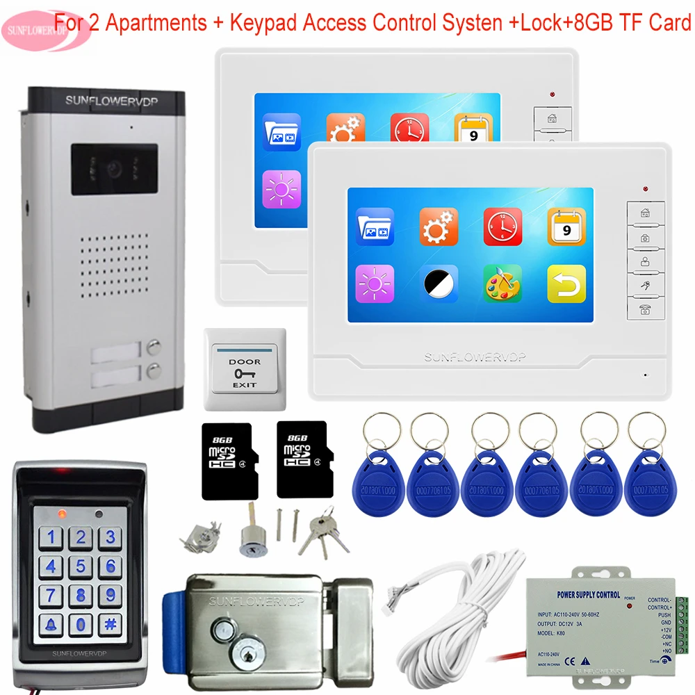 

7inch Video Intercom With Recording+8GB TF Card Video Intercom 2-6 Monitors Door Phone With Electric Lock Keypad Access Control