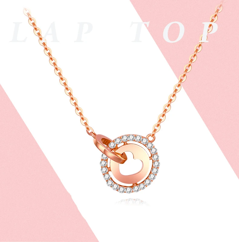 Модный 18K Настоящее золото 2 Круг Сердце милый кулон с кристаллом ожерелье для