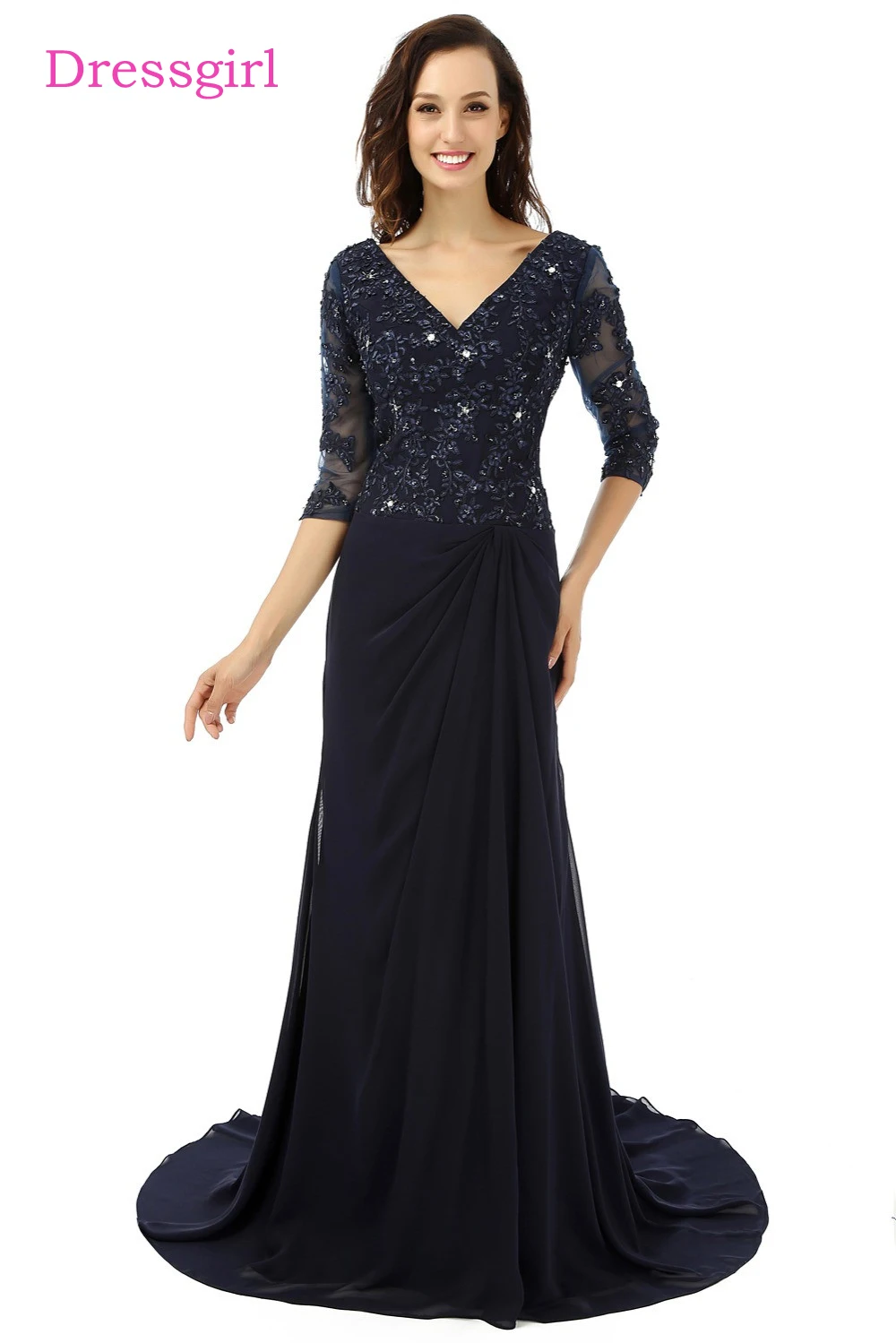 

Navy Blue Plus Size Mother Of The Bride Dresses A-line V-neck 3/4 Sleeves Wedding Party Dress Mother Dresses For Wedding