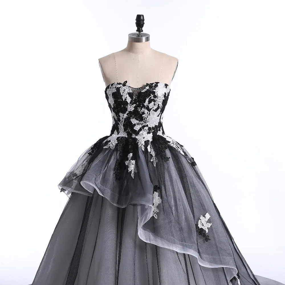 Женское бальное платье Белое и черное свадебное с кружевной аппликацией