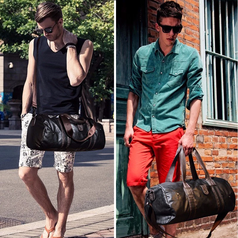 Hot Men Large Capacity PU Leather Sports Bag Waterproof Gym Bag Fitness Sport Bags Travel Shoulder Handbag Male Bag Black Brown