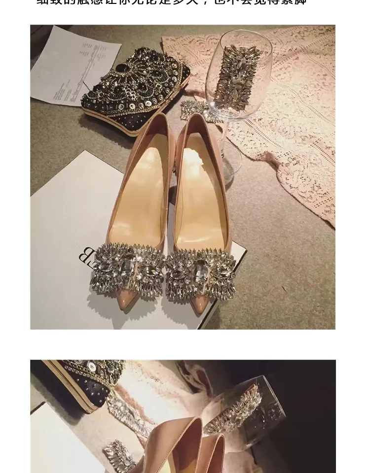 Kmeioo Sheepskin Shoes Woman Crystal High Heels Pointed Toe Thin Heel Pumps Women Stiletto For Evening Wedding Shoes Laides