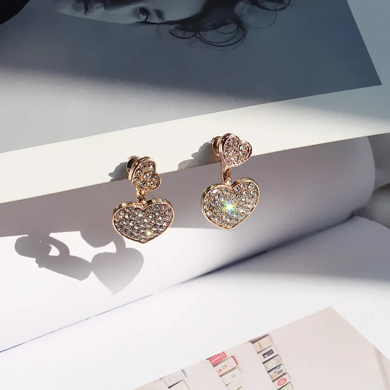 Small &amp Big Heart Full Bling Crystal Rose Golden Silver Plated Dangle Earrings Women Romatic Drop | Украшения и аксессуары