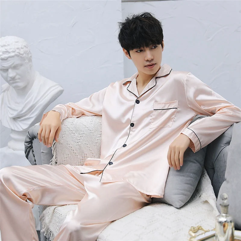 Women Men Ice Silk Satin Pajamas Set Comfy Long Sleeve Sleepwear Pijama Pyjamas Suit Female Male Sleep Two Piece Sets Loungewear | Женская
