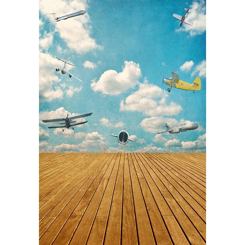 

5x7ft Clouds Sky Planes Wooden Floor Washable One Piece No Wrinkle Banner Photo Studio Background Backdrop Polyester Fabric