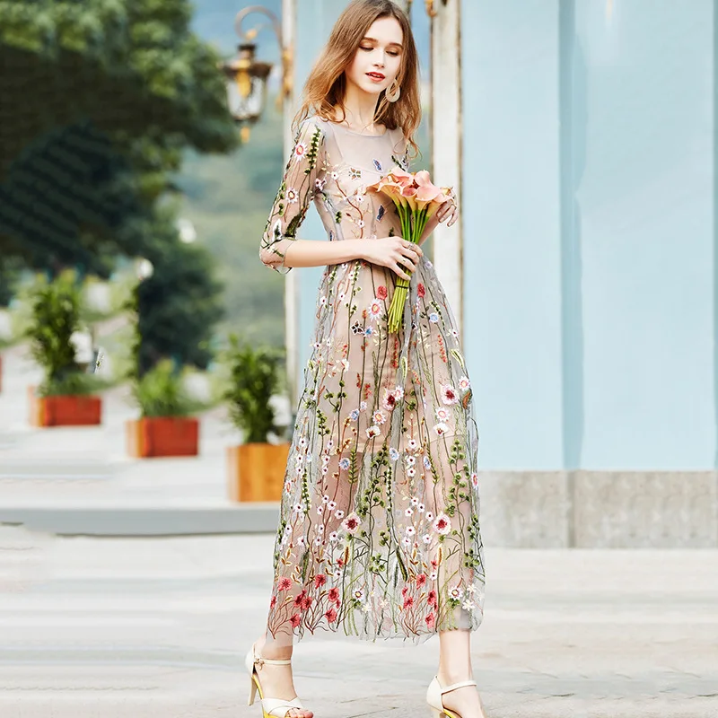 IUURANUS Vintage Embroidery Dresses Floral Bohemian Flower Embroidered 2 Pieces Boho Mesh For Women Evening Party Dresse Женская