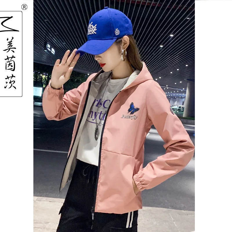 661-pink Повседневная спортивная куртка для мамы, новинка, осенняя Женская куртка-бомбер, верхняя одежда на молнии с капюшоном, Двусторонняя одежда с принтом, Свободный Топ размера плюс - Цвет: 661-pink