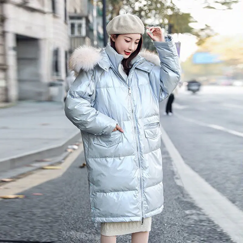 Light blue Winter Down Coat Women Hooded Natural Raccoon Large Fur Collar 90% White Duck Down Jacket Female Thick Warm Long Jacket Parkas - Цвет: Light blue