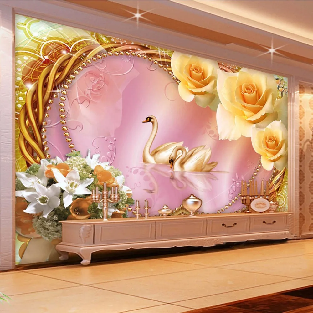 

Customized Size European Style Rose Lily Flowers Swan Photo Mural Non-woven 3D Wallpaper For Living Room TV Sofa Pink Background