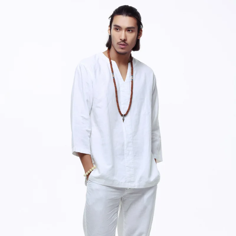 Китайский стиль белье хлопок Футболка 2017 г. Мужская Повседневная дышащая белая