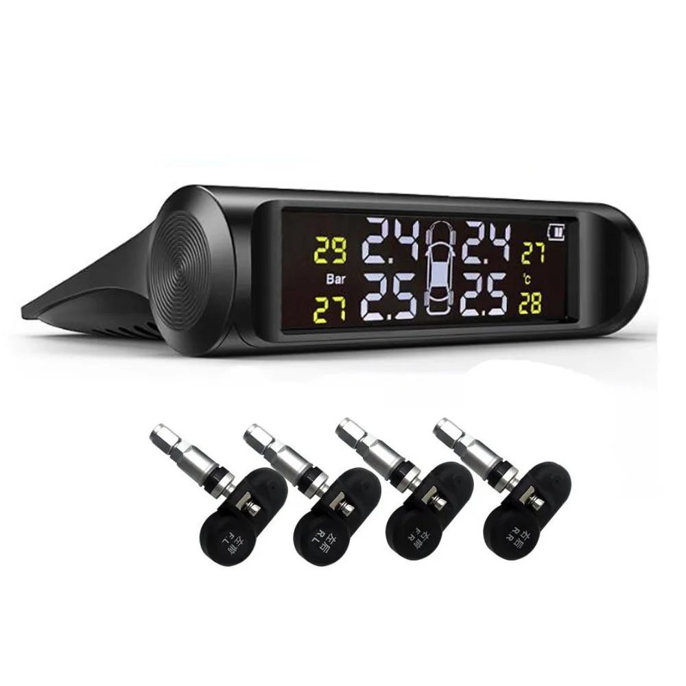 

Солнечная энергия USB TPMS Автомобильная система контроля давления в шинах ЖК-дисплей 4, внешние/внутренние датчики для внедорожника, седана, предупреждение о температуре