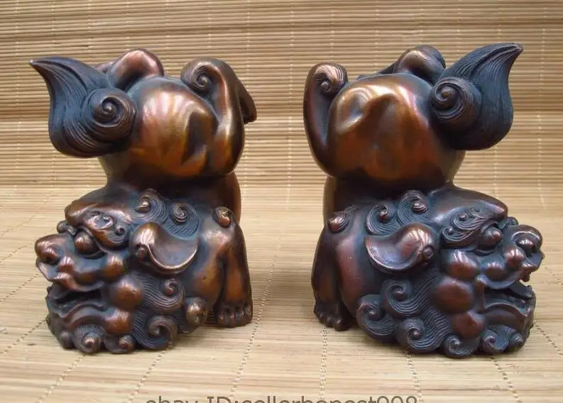 China Royal Red Bronze Evil Guard Door Foo Dog Lion Feng Shui Kylin Kilin Pair | Дом и сад