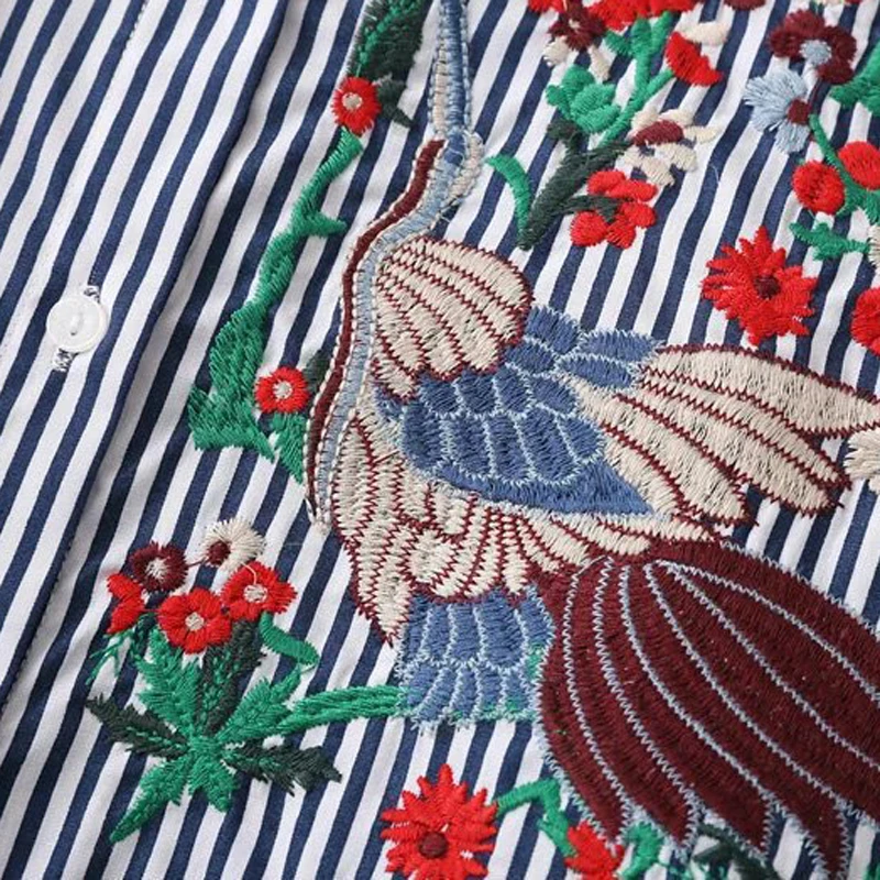 Женская блузка с вышивкой LERFEY синяя в полоску цветочным принтом Повседневная