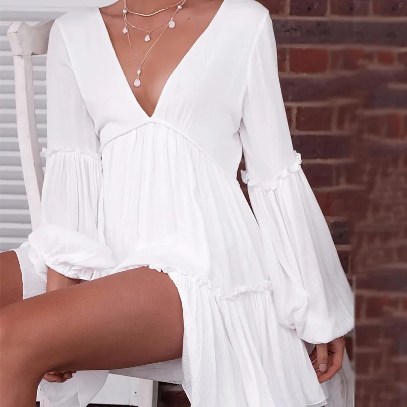 Sexy White Deep V Neck Backless Party Dress Women Solid Long Lantern Sleeves Office Lady Mini Dresses Spring Summer Casual | Женская