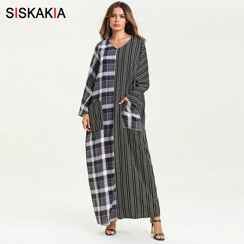 Dark Gray dress Siskakia женское длинное платье большого размера, повседневное клетчатое платье макси в полоску, v-образный вырез, длинный рукав, передние карманы, Арабский Дубай, одежда для Рамадана - Цвет: Dark Gray dress