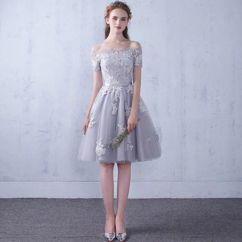 Robe de soiree/серое вечернее платье с вырезом лодочкой на шнуровке коротким передом и