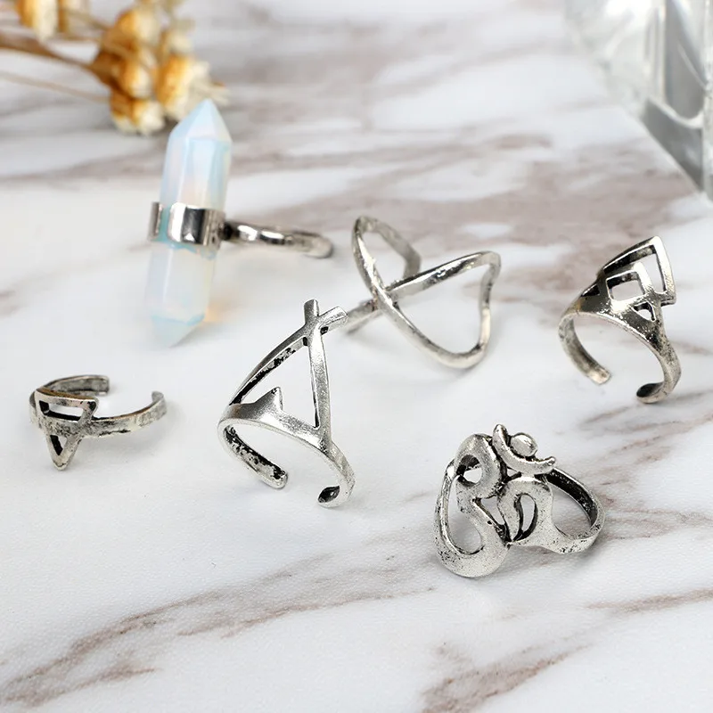 IFFURMON Vintage Wedding Ring Set Hollow Antique Silver Lucky Midi Rings Women Boho Jewelry Gypsy Adjustable Knuckle 6pcs | Украшения и