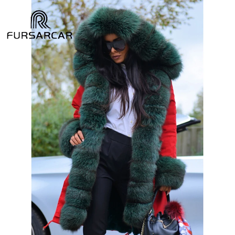 

Роскошное пальто FURSARCAR из натурального меха женская зимняя повседневная парка с воротником из лисьего меха и манжетами модная теплая парка ...