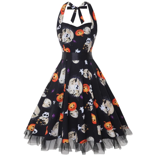 Black Orange OTEN 4XL женское платье с принтом в виде черепа пэтчворк с цветочным кружевом в горошек Ретро Винтаж в стиле кантри летнее платье,1950s Большой размер строп женское платье платье пляжное - Цвет: Black Orange