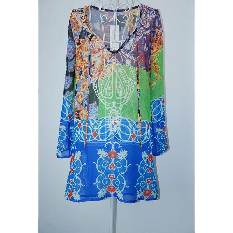 Женская накидка в бразильском стиле Пляжная с длинным рукавом и принтом лето 2017 |