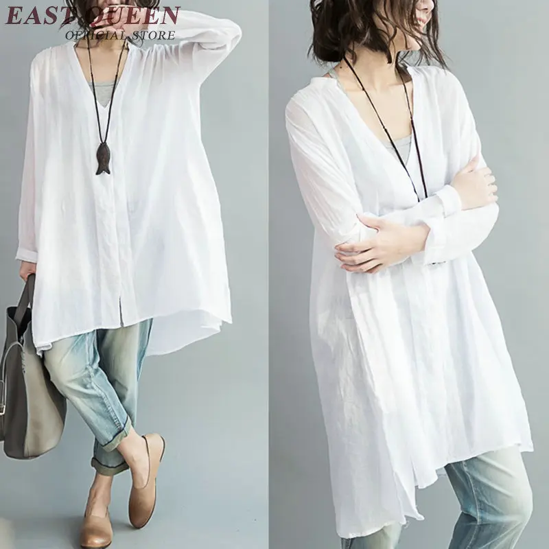 

New Autumn solid white women shirt 2018 summer women blouse button front v-neck casual loose long shirt AA2335 YQ