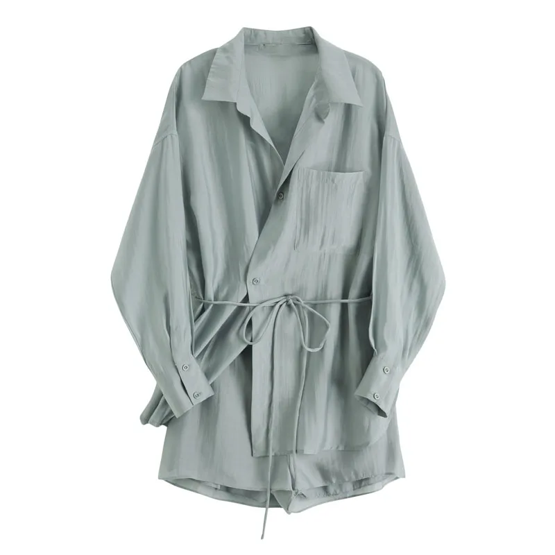 

PERHAPS U Women Two Pieces Set Shirt Short Turn Down Collar Mint White Long Sleeve Asymmetrical Summer T0230
