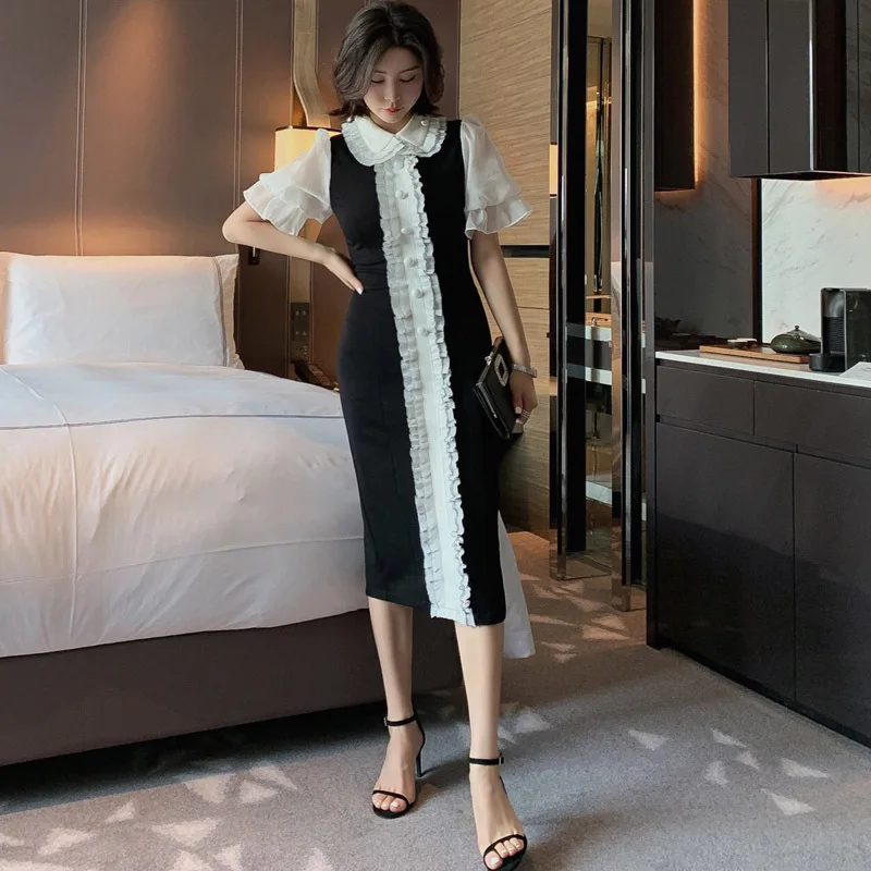 Женское лоскутное облегающее платье классическое летнее с круглым воротником и