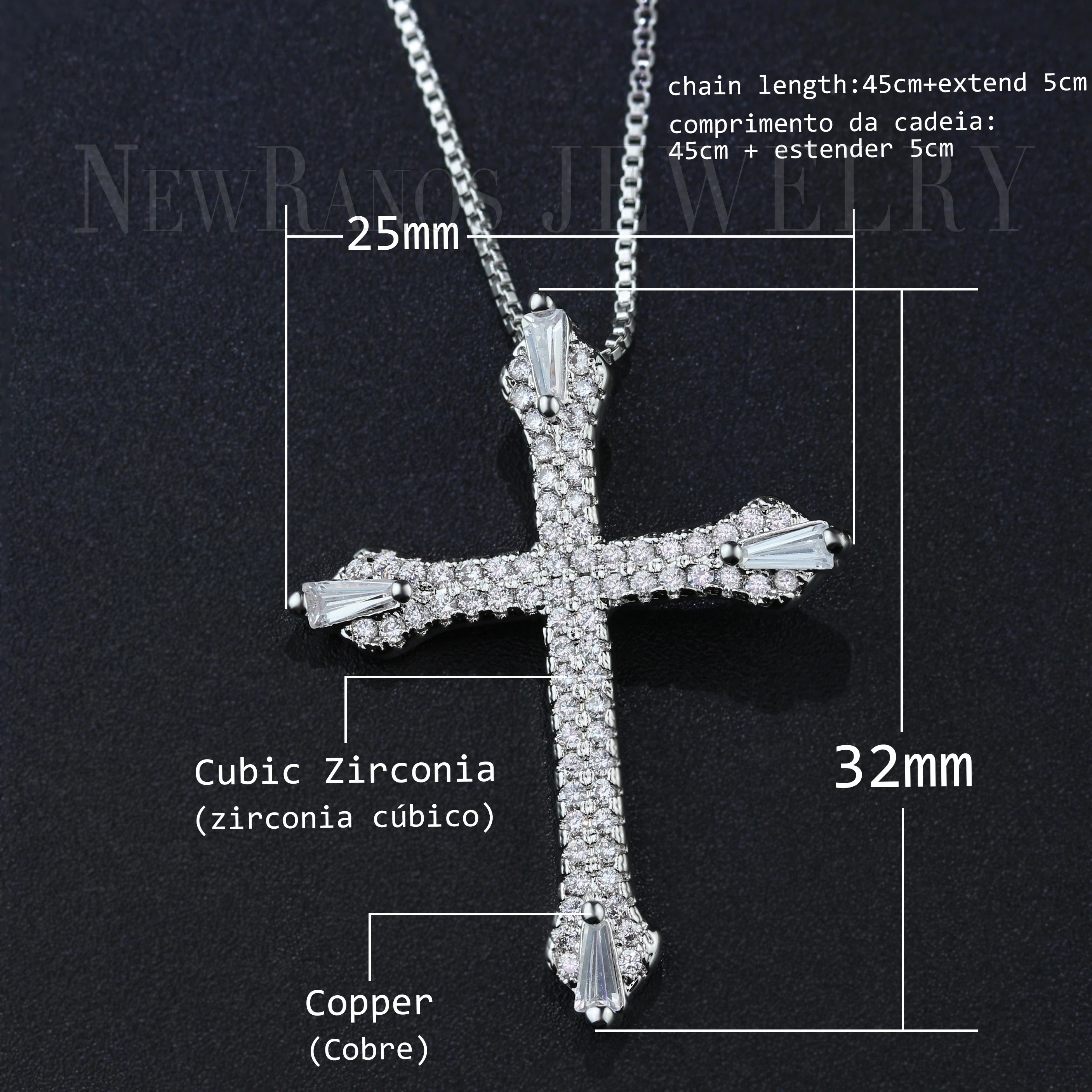 Newranos Rhinestone Stone Cross Necklace Hip Hop Male Pave Micro CZ Zircons Pendant Women Fashion Jewelry NQM002404 | Украшения и