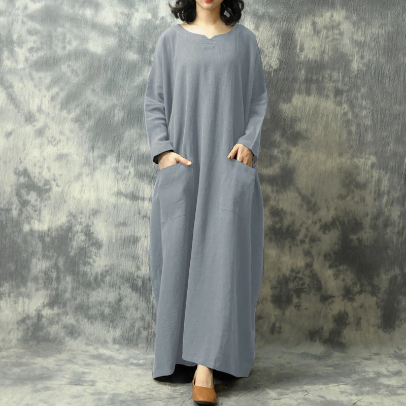 

Vintage Women Loose Maxi Dress Women Casual Batwing Long Sleeves Pockets Plus Size Dress Minimalist Pure Cotton Robe Long Dress