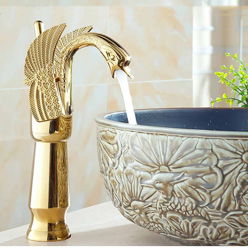 

1PC SY-8005 New Design Luxury Copper hot and cold taps Swan faucet Gold plated gold wash basin faucet high