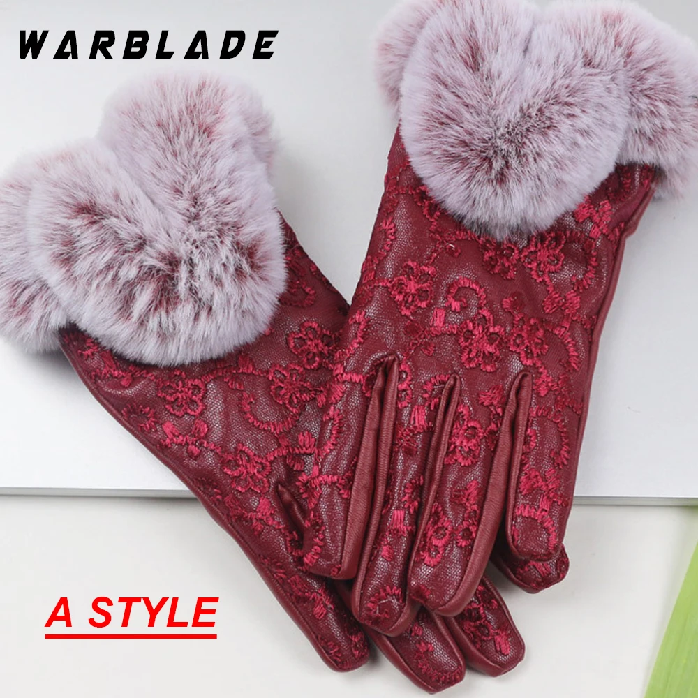 A red WBL Женские Новые однотонные перчатки женские черные кожаные перчатки Осень Зима теплые кроличьи меховые варежки Зимние Перчатки Кожаные женские перчатки - Цвет: A red