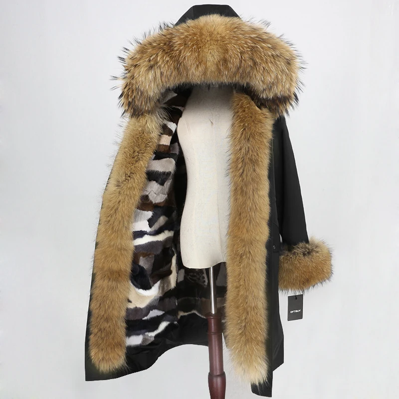 black natural OFTBUY X-long Parka водонепроницаемая верхняя одежда зимняя куртка женская шуба из натурального меха енота Капор из норки съемная меховая подкладка - Цвет: black natural