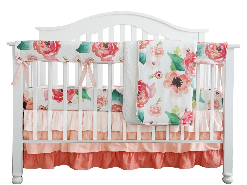 

Sahaler 4PCS Crib Rail Guard Set Boho Floral Nursery Baby Bedding Ruffled Crib Skirt Crib Rail Cover Set Ruffle Coral Watercolor