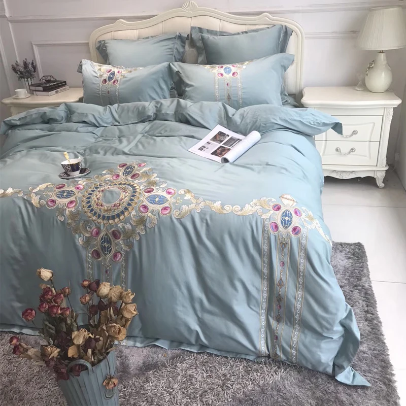 Blue luxury Embroidered 120S Egyeptian cotton Royal Bedding sets Queen King Wedding Duvet cover Bed sheet set Pillowcases 4pcs | Дом и сад