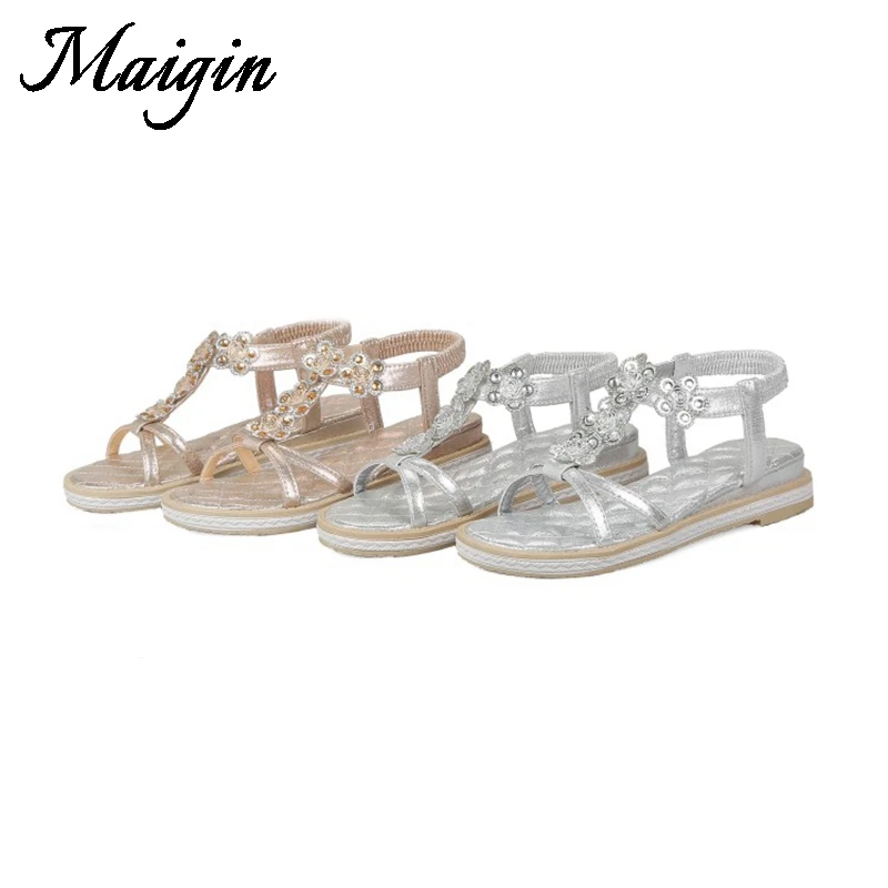 Maigin золотые и серебряные сандалии Для женщин 2018 Лето Boho с открытым носком