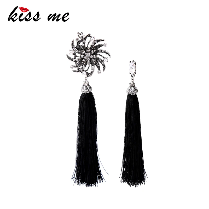 Женские асимметричные серьги кисточки KISS ME черные/синие длинные с бахромой из