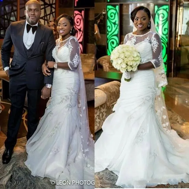 Custom Made Половина Рукава Свадебные Платья Русалка Scoop Кружева Бисер Плюс Размер