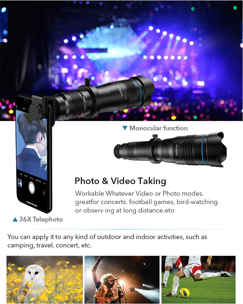 APEXEL 36X телефон камера телефото зум объектив HD монокуляр телескоп объектив SelfieTripod с дистанционным затвором для всех смартфонов