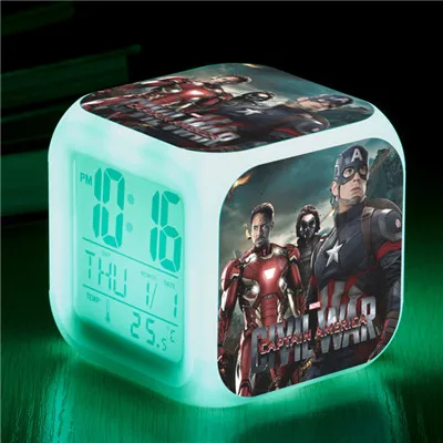 Marvel Мстители Человек-паук изменение цвета светодиодный Будильник фигурка Капитан Америка Железный человек цифровой Куб декор Освещение игрушки