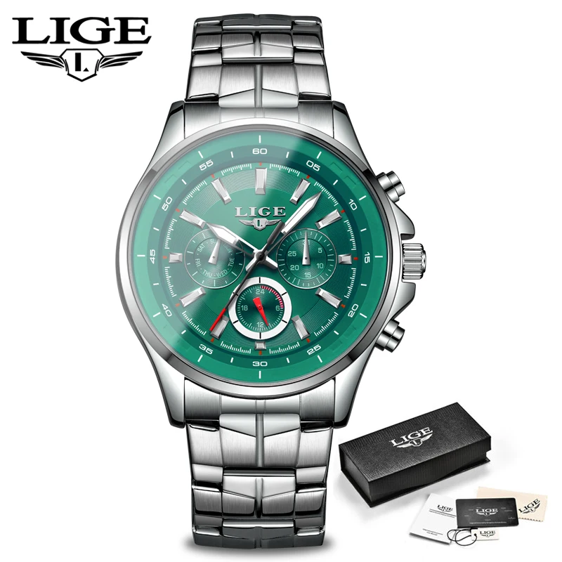 

LIGE Sport Men Watch Men Quartz Wristwatch Waterproof Shockproof Steel Band Black Army Male Clock Relogio Masculino Hodinky+BOX