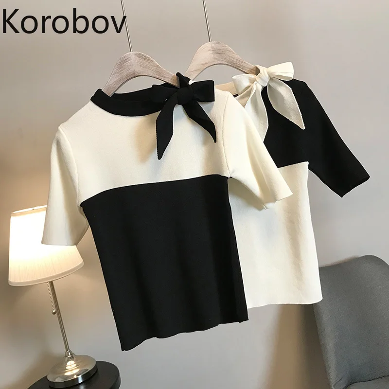 Корейская модная футболка Korobov с бантом популярного цвета и круглым вырезом
