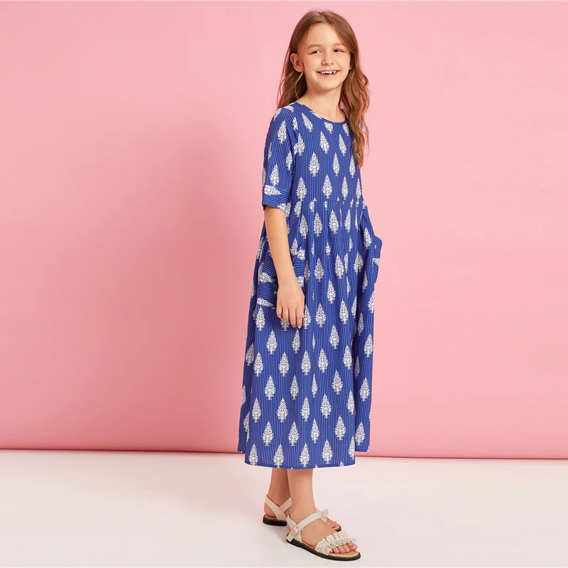 SHEIN Kiddie/синее боховая туника в полоску с карманами спереди и растениями, платье года, летние праздничные длинные платья с короткими рукавами и высокой талией