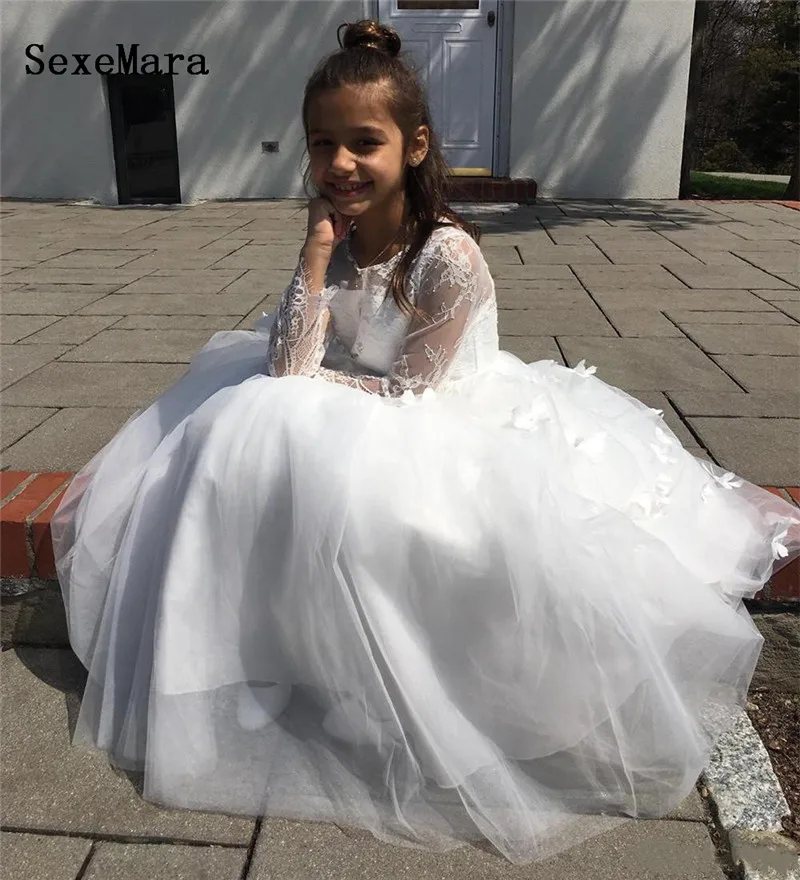 Белое/розовое платье для девочек свадебное кружевное Пышное Платье с 3D бабочками