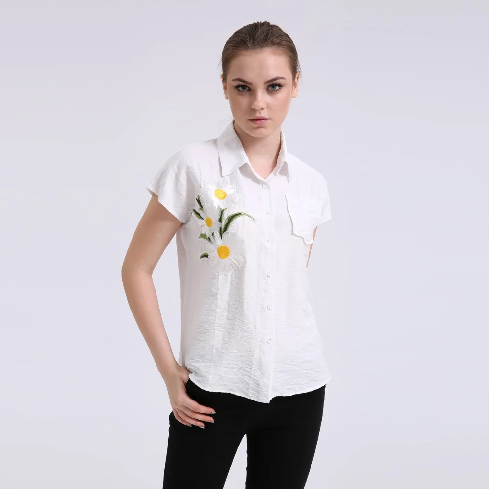 Dioufond цветочные рубашки с аппликацией Женская белая блузка коротким рукавом