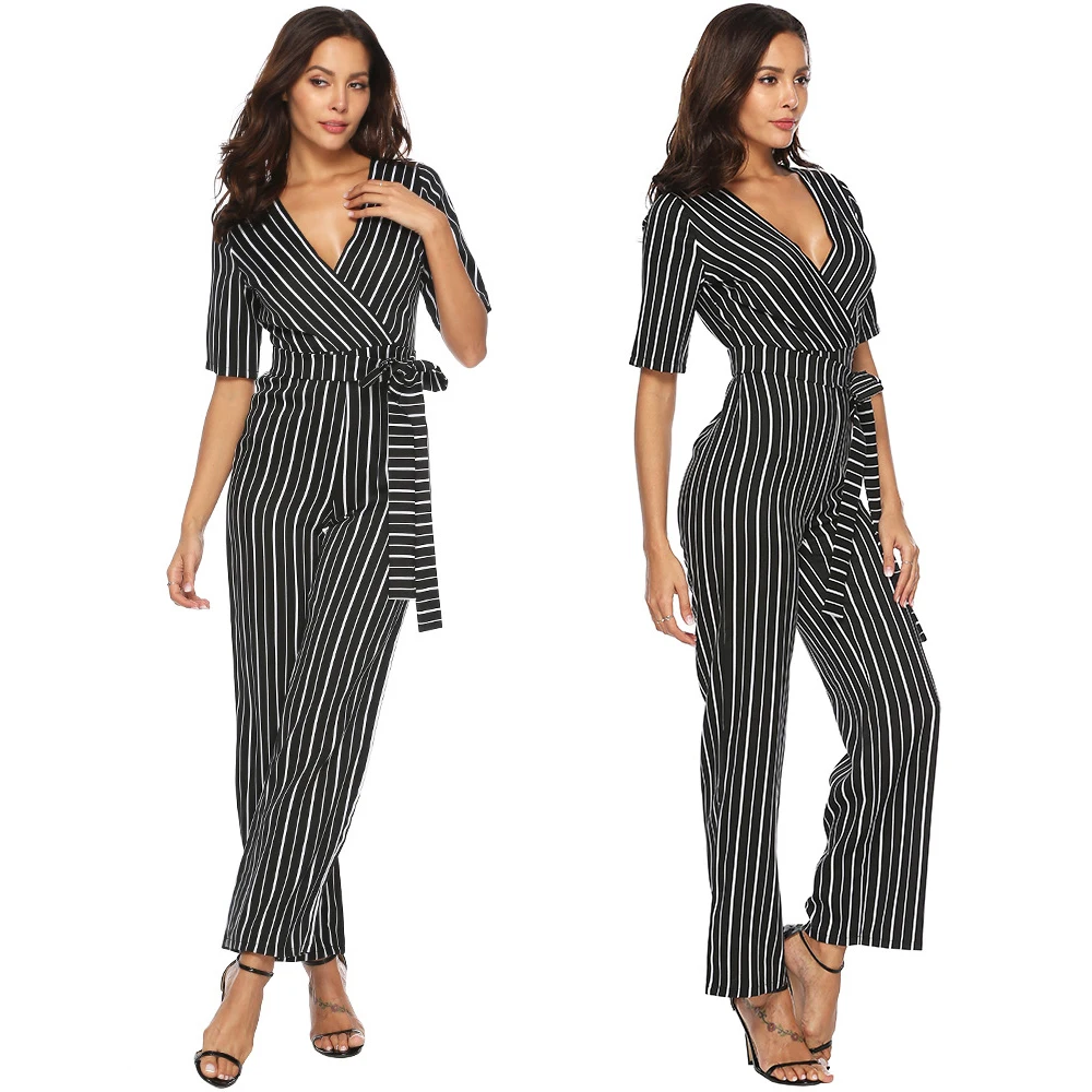 Черный полосатый комбинезон женский OL Рабочая одежда Половина рукава широкие