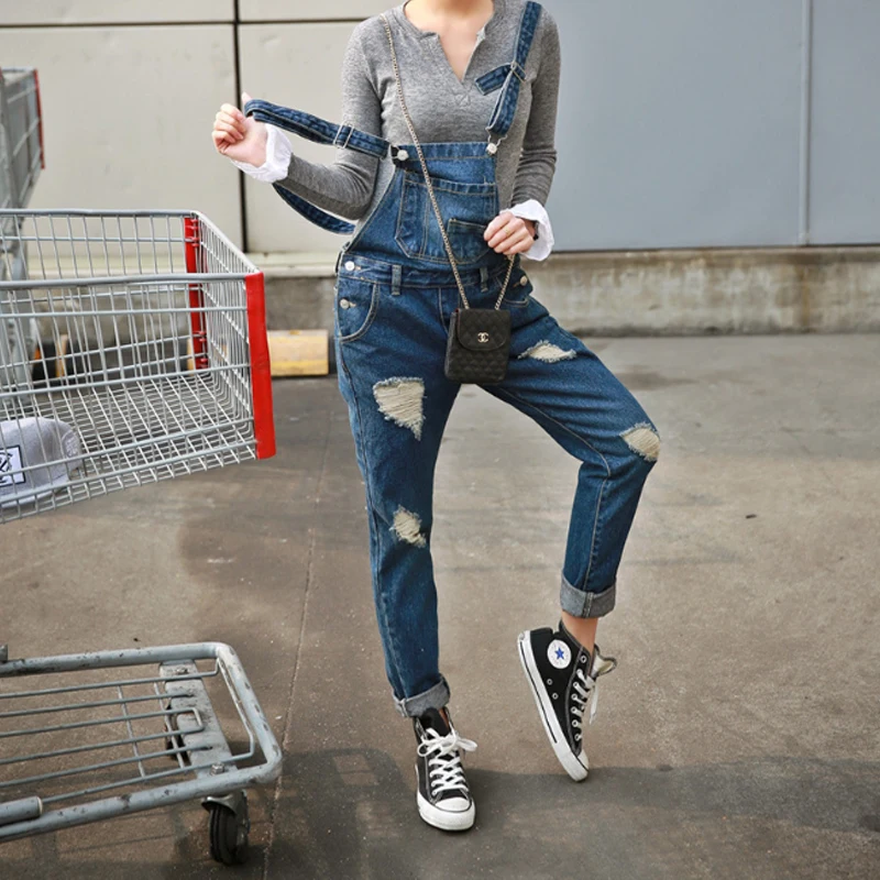 Комбинезон Boyfriend Ripped denim комбинезон для женщин потертые джинсовые комбинезоны повседневные Карманы ремень нищие длинные брюки