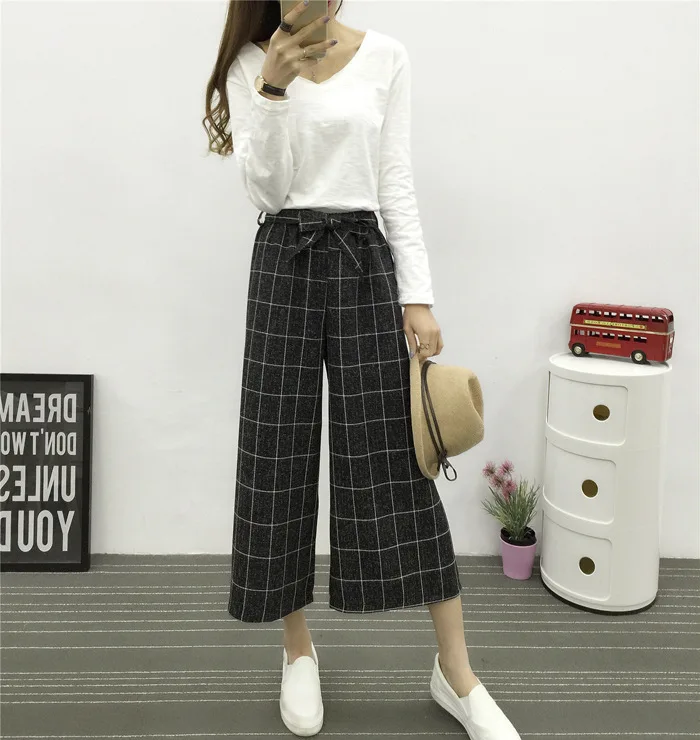Летний стиль женские широкие брюки клетчатые льняные хлопковые высокая