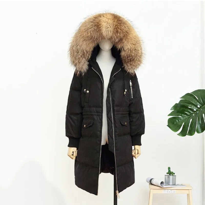 Женская зимняя куртка из натурального меха енота толстая свободная парка на