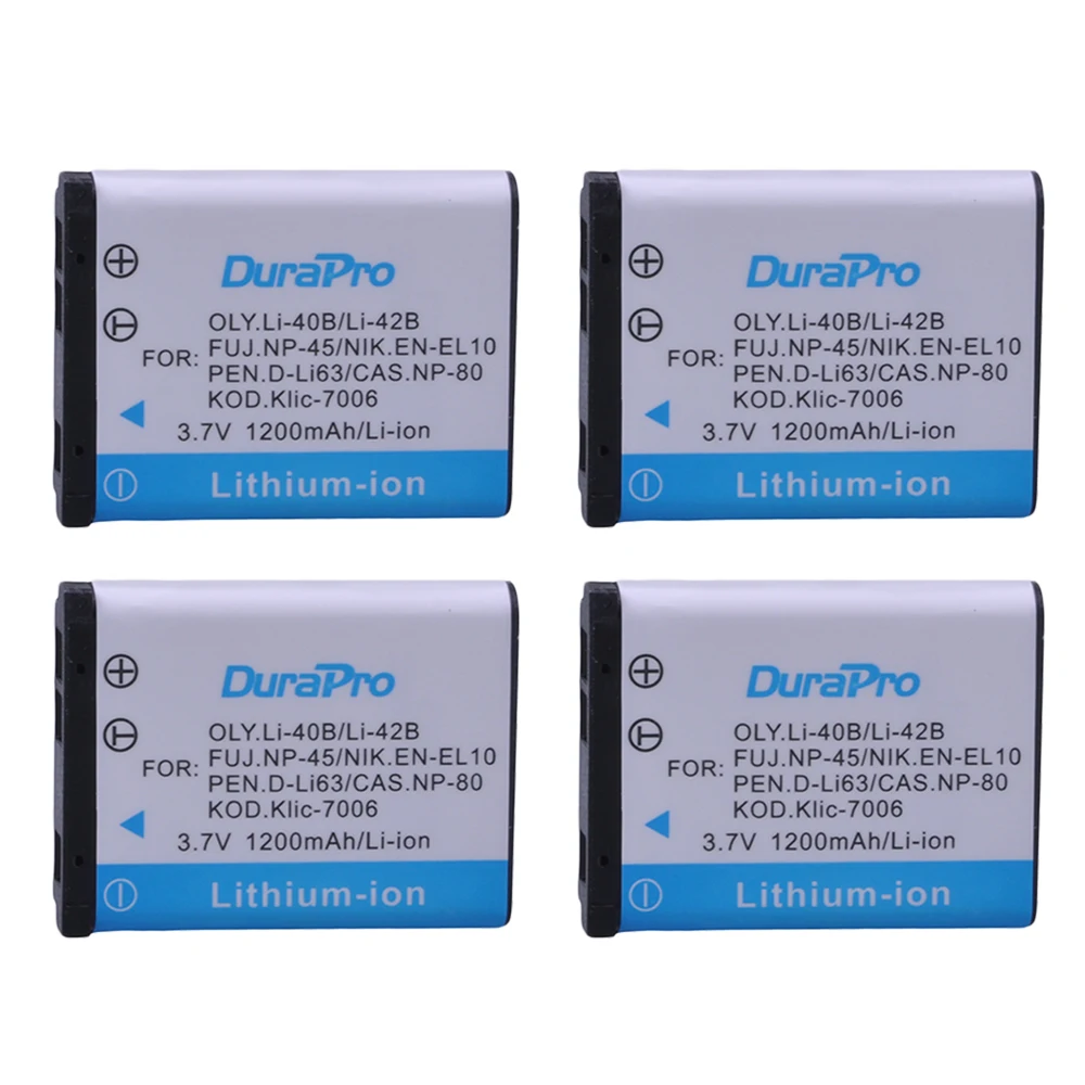 4 x DuraPro 1200 мАч 3,7 V LI-42B 42B Li-40B 40B NP-45 NP45 EN-EL10 DLI63 D-Li108 DLI108 NP-80 NP80 CNP80 KLIC-7006 K7006 Батарея